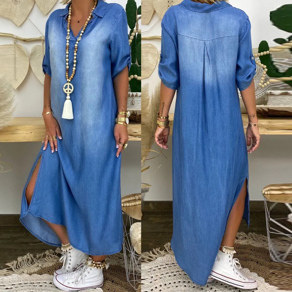 Leyla™ | Denim-Look Maxi Dress with Side Slit