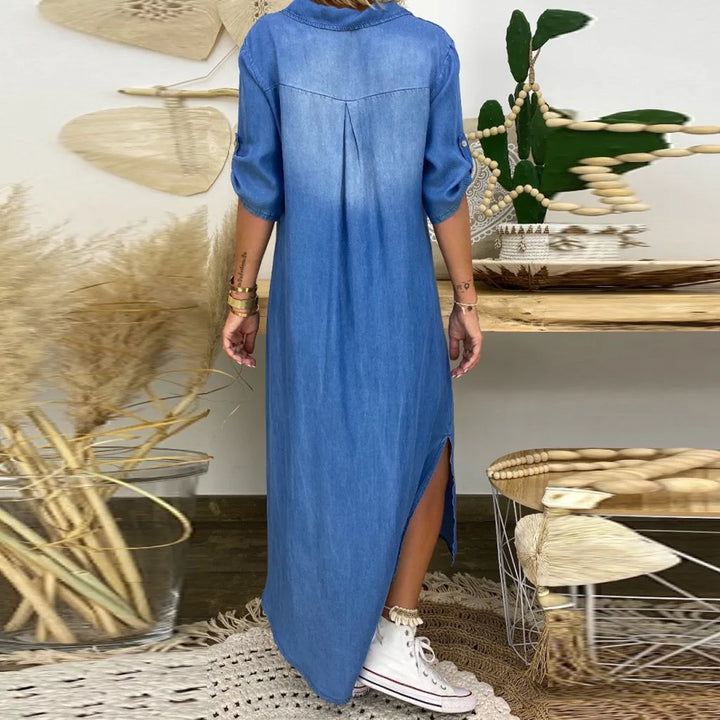 Leyla™ | Denim-Look Maxi Dress with Side Slit