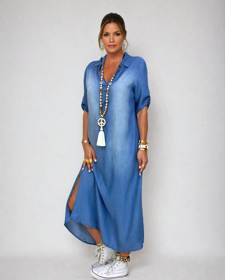 Leyla™ | Denim-Look Maxi Dress with Side Slit