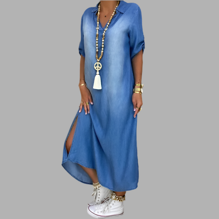 Leyla™ | Denim-Look Maxi Dress with Side Slit